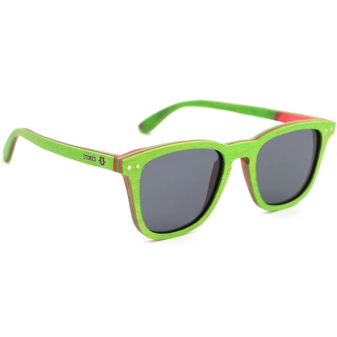 Classic Skateboard Wood Sunglasses Green/Red + Grey Lens